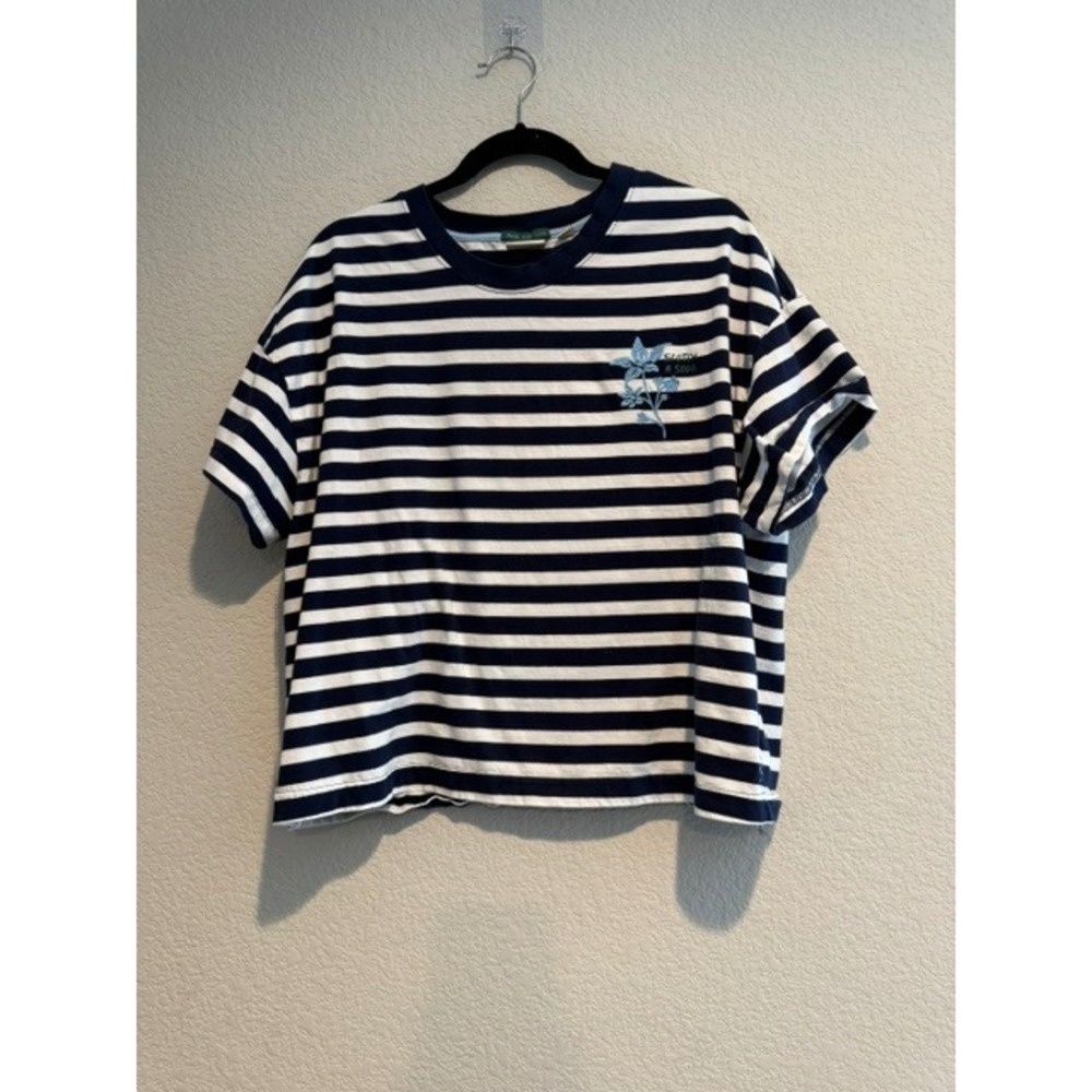 Scotch & Soda Amsterdam Striped Floral Embroidered Cotton Tee XXL Navy White